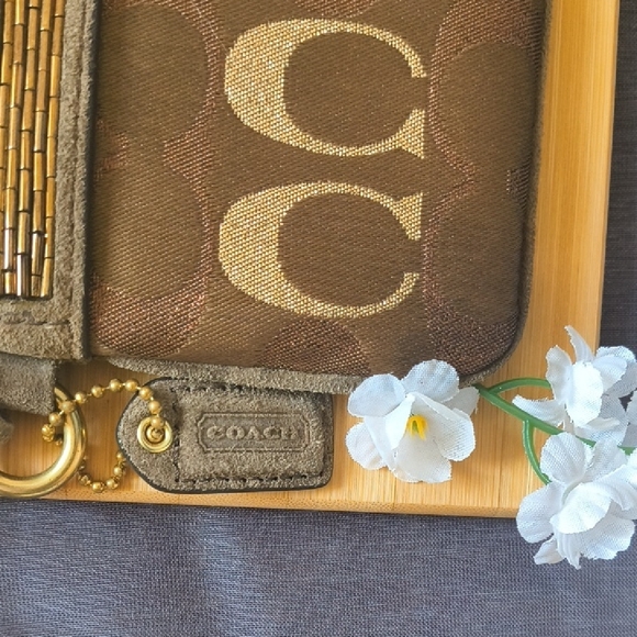 VINTAGE Coach Signature Shimmer Wristlet Bronze Gold Beaded Trim - Picture 3 of 7